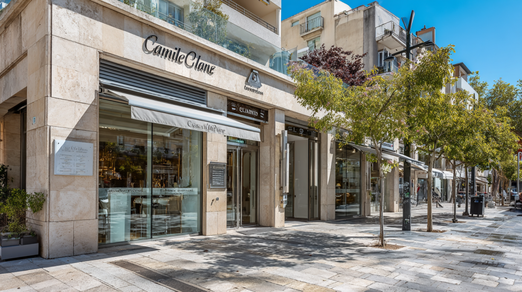 Façade d’une agence immobilière moderne à Aix-en-Provence avec une agente accueillant des clients sous la lumière du sud.