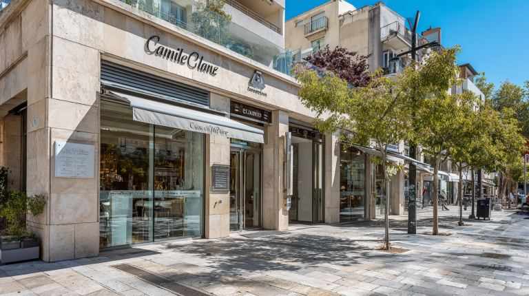 Façade d’une agence immobilière moderne à Aix-en-Provence avec une agente accueillant des clients sous la lumière du sud.