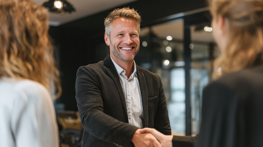 Conseiller immobilier professionnel serrant la main de clients dans un bureau moderne pour symboliser la confiance.