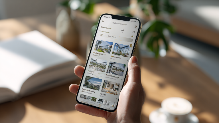 Smartphone affichant l’interface de l’application Jinka Immobilier pour la recherche de logements, posé sur un bureau lumineux.