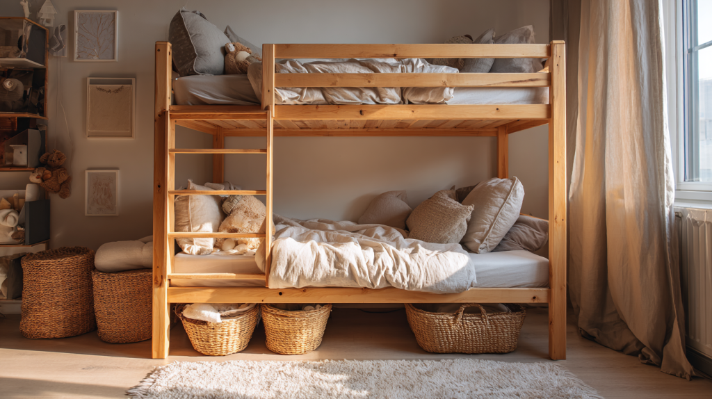 Chambre d’enfant lumineuse avec un lit superposé 70x160 en bois et un sommier, alliant confort et gain de place.