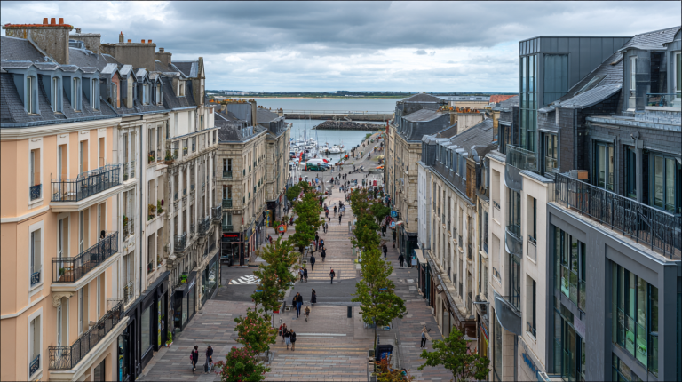 Vue urbaine de Cherbourg avec ses immeubles modernes et son port, illustrant le dynamisme du marché immobilier local.