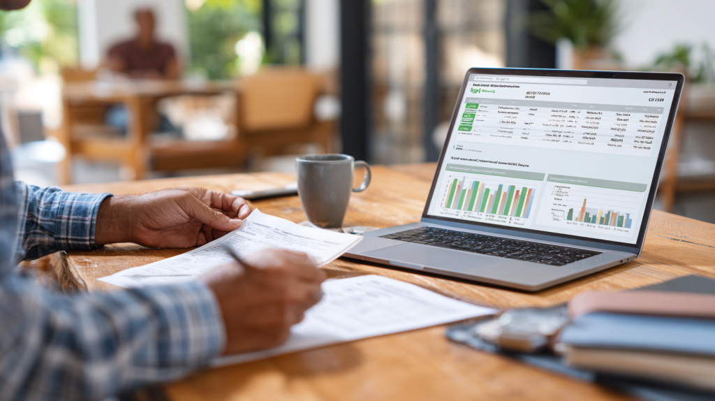 Propriétaire en LMNP consultant un conseiller devant des documents fiscaux simplifiés grâce au service d'optimisation Nopillo