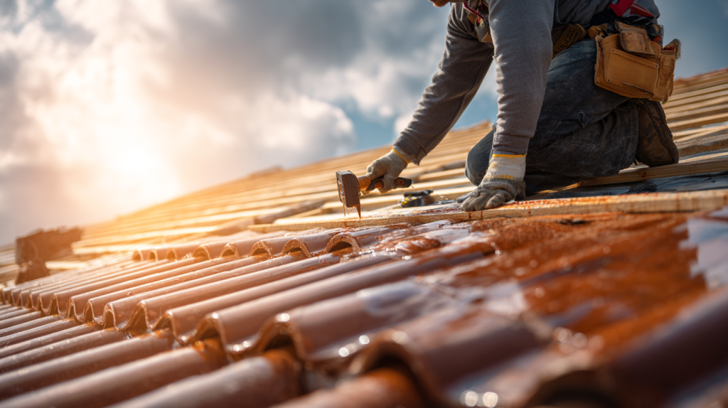 Application de résine sur une toiture en tuiles lors d’une rénovation complète, avec un artisan professionnel au travail.