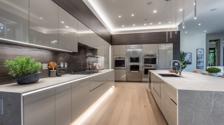 Cuisine moderne sur mesure aux lignes épurées, matériaux haut de gamme et éclairage LED intégré.