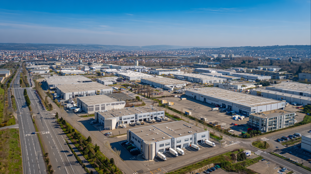 Aperçu aérien d’une zone d’activité moderne à Vénissieux avec entrepôts et bâtiments industriels.