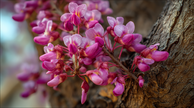 Arbre de Judée en fleurs dans un jardin au printemps.