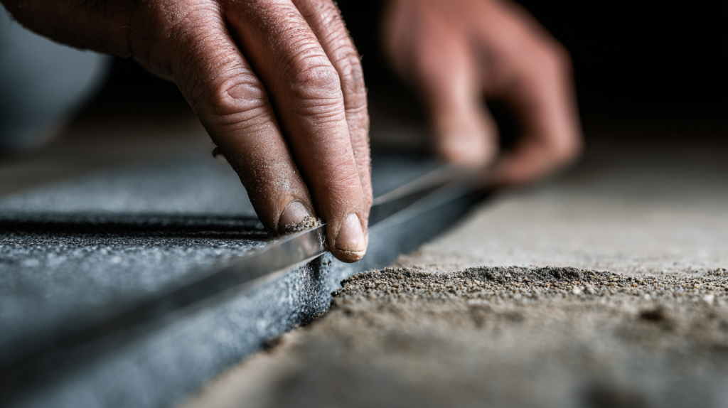 Pose d’une bande résiliente en mousse sous un rail métallique sur un sol bétonné.