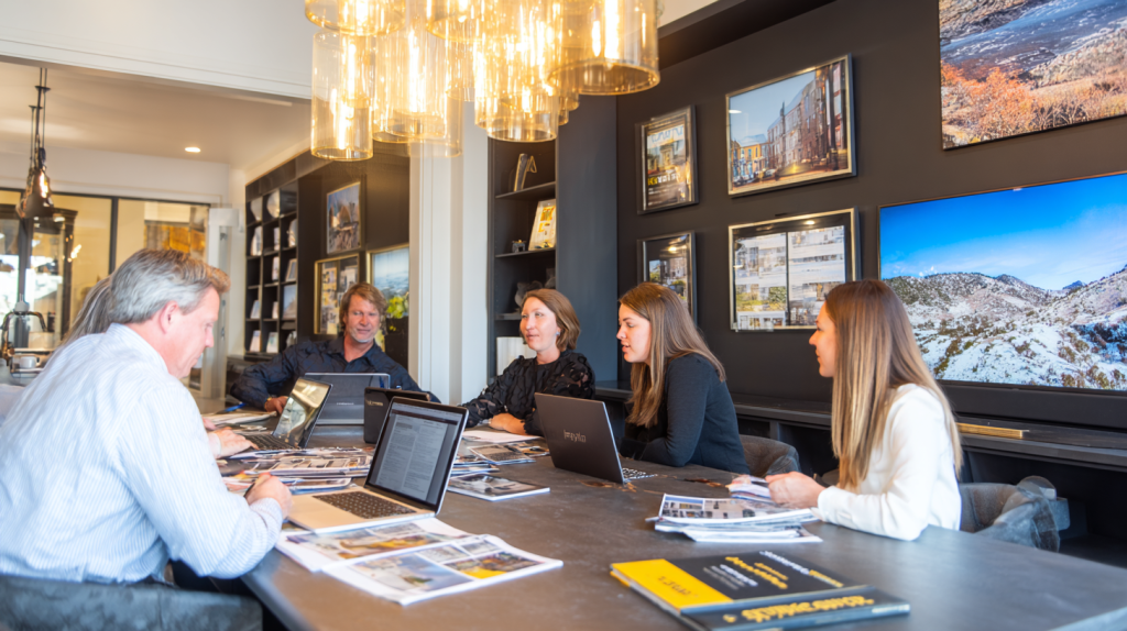 Agents mandataires indépendants de BSK Immobilier en réunion autour de brochures immobilières dans un bureau moderne.