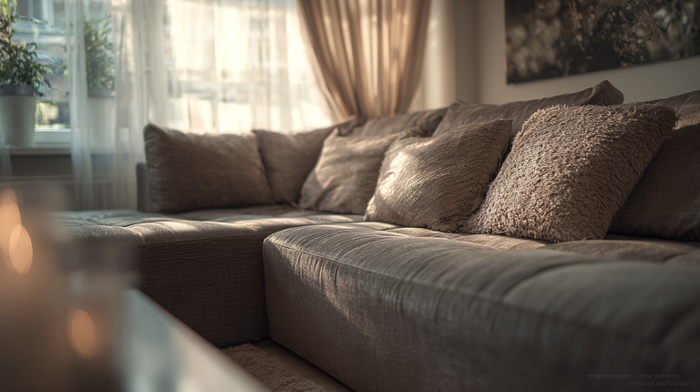 Canapé d’angle convertible dans un salon moderne avec lumière naturelle.