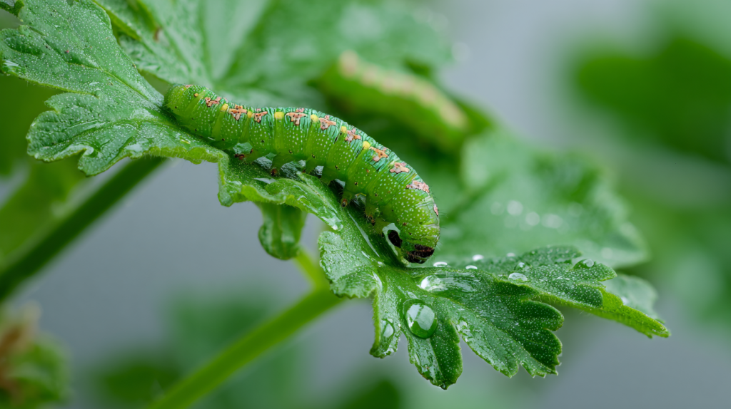 Gros plan sur des chenilles vertes posées sur les feuilles d’un géranium dans un jardin.