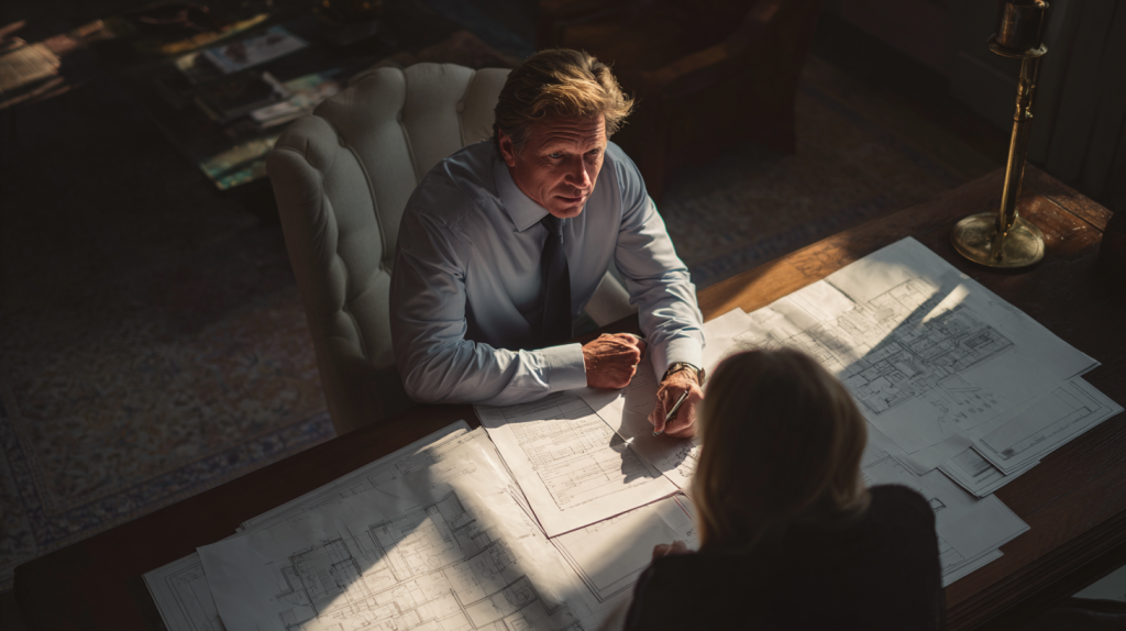 Propriétaire discutant avec un avocat autour de plans de maison et de documents pour se défendre d’une accusation de vice caché.