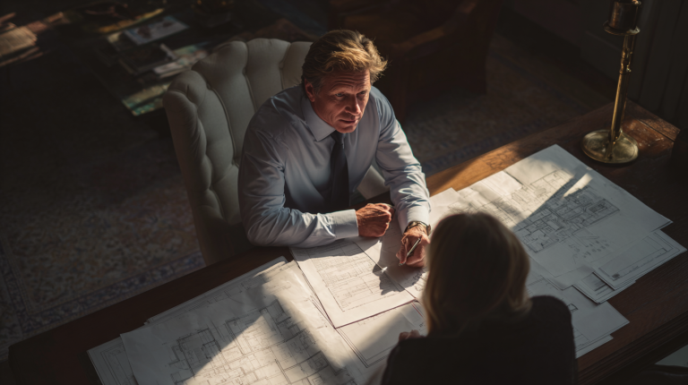 Propriétaire discutant avec un avocat autour de plans de maison et de documents pour se défendre d’une accusation de vice caché.
