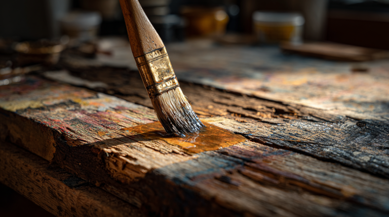 Application d’un durcisseur bois fait maison sur une zone de bois abîmé dans un atelier.