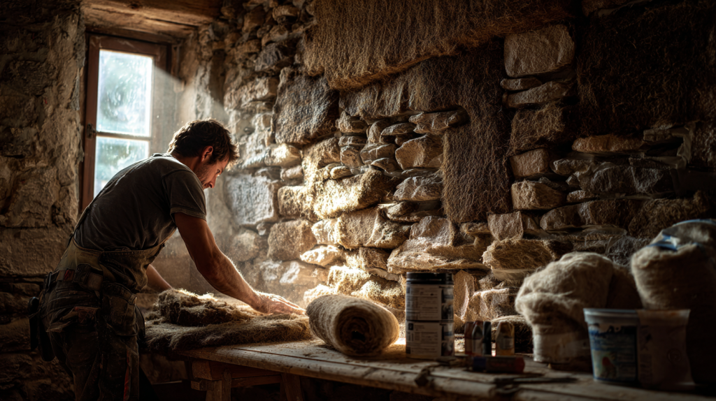 Artisan isolant un mur en pierre de 50 cm dans une maison ancienne avec des matériaux naturels.