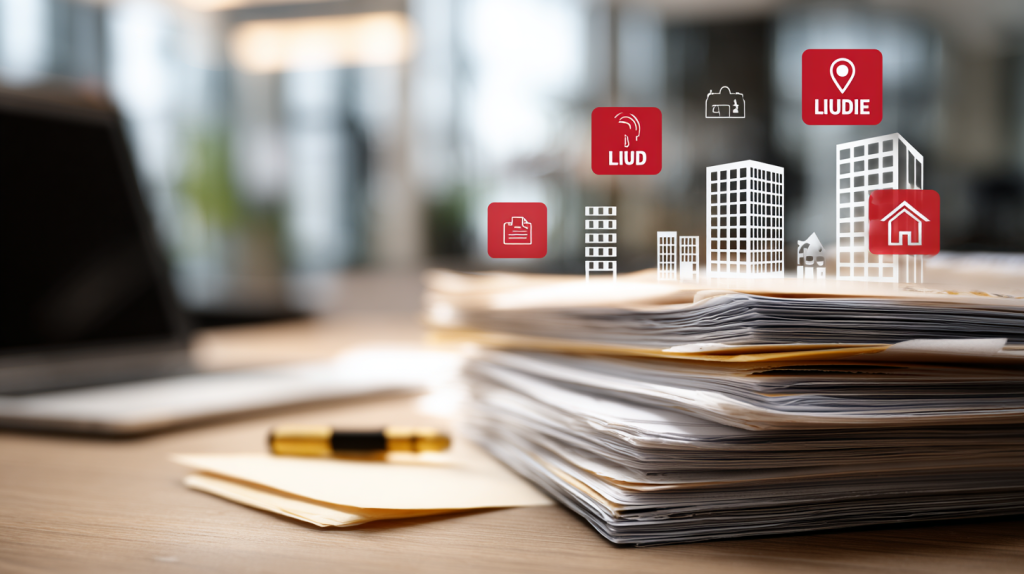 Documents de liquidation judiciaire posés sur un bureau dans un environnement professionnel lié à l’immobilier.