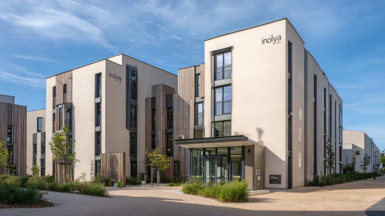 Bâtiment d’habitat moderne dans le Calvados avec une signalétique inspirée d’Inolya, architecture contemporaine et environnement paysager.