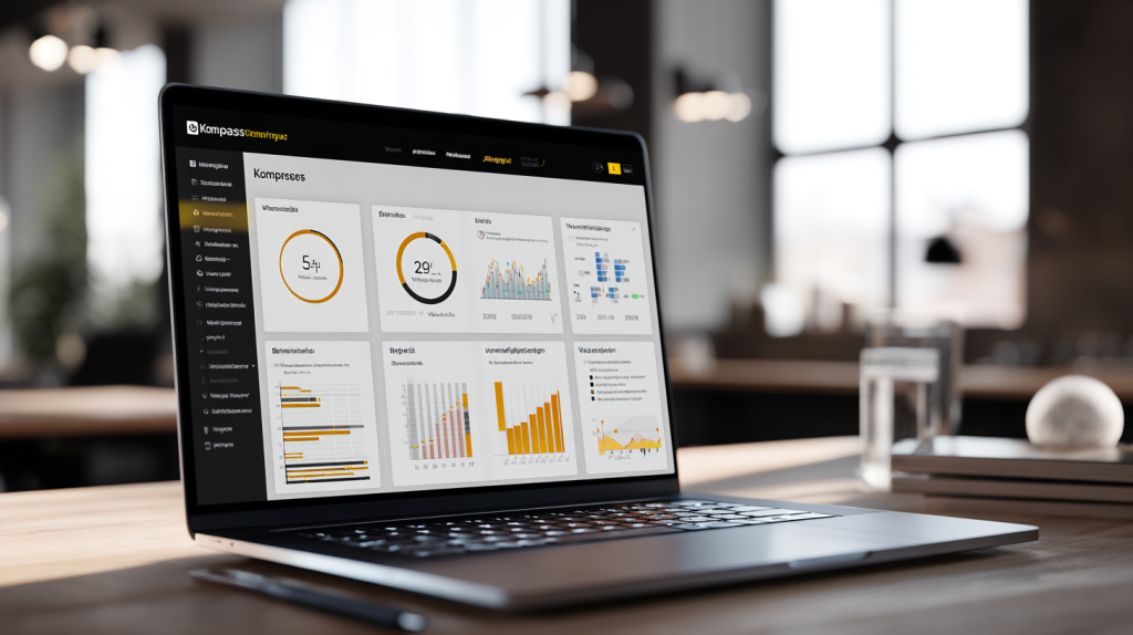 Ordinateur affichant un tableau de bord de data B2B inspiré de Kompass, avec graphiques et interface analytique moderne sur un bureau éclairé naturellement.