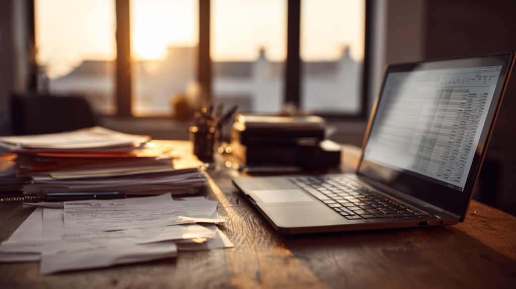 Bureau d’un comptable avec des factures, des tickets de caisse et un ordinateur portable, illustrant la gestion fiscale en LMNP.