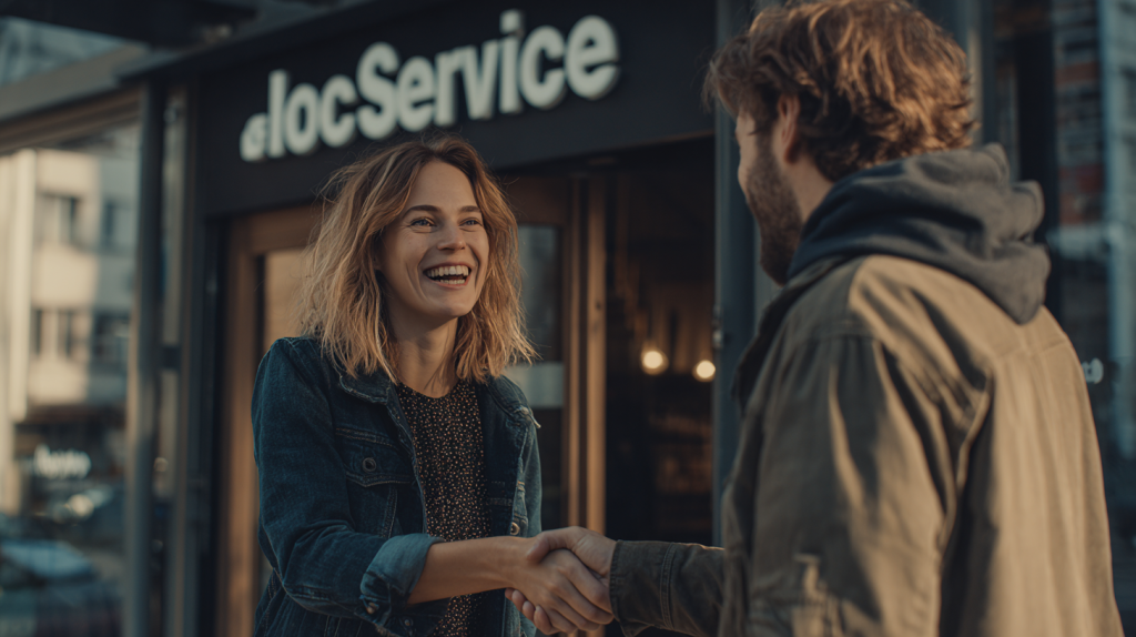 Deux personnes se serrant la main devant un immeuble, symbolisant la location entre particuliers sans frais via LocService.