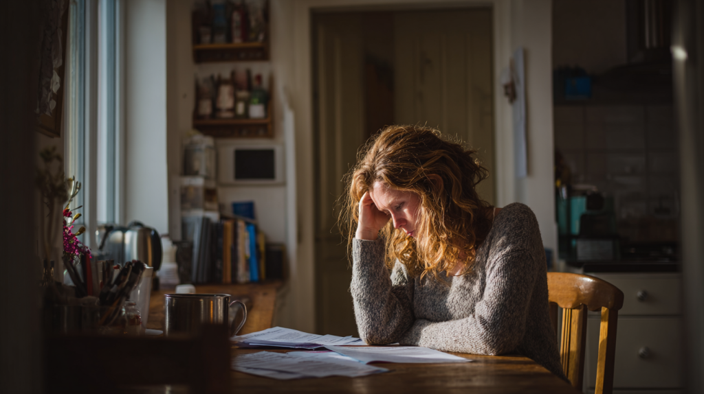 Locataire inquiet assis à une table avec des documents et un avis de vente du logement.