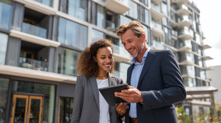 Gestionnaire immobilier professionnel montrant des graphiques de gestion locative sur une tablette devant un immeuble moderne.
