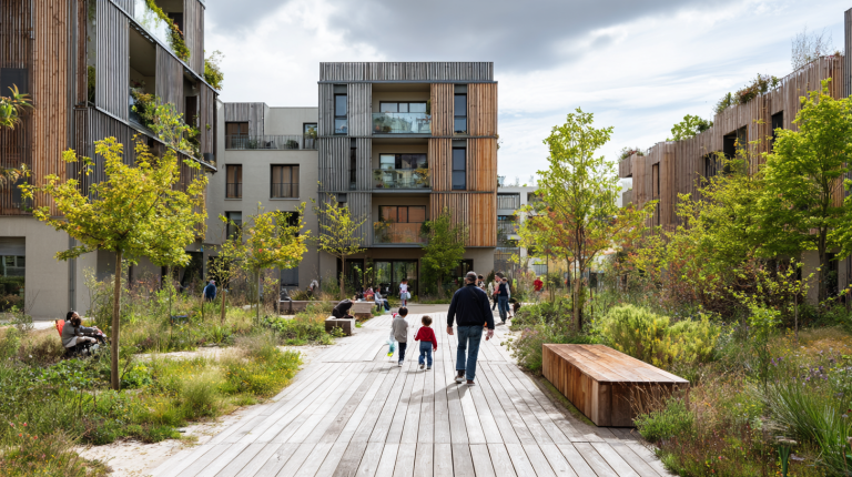 Logement social Clésence : immeuble durable avec espaces verts et scène d’échanges entre gestionnaire et résidents.