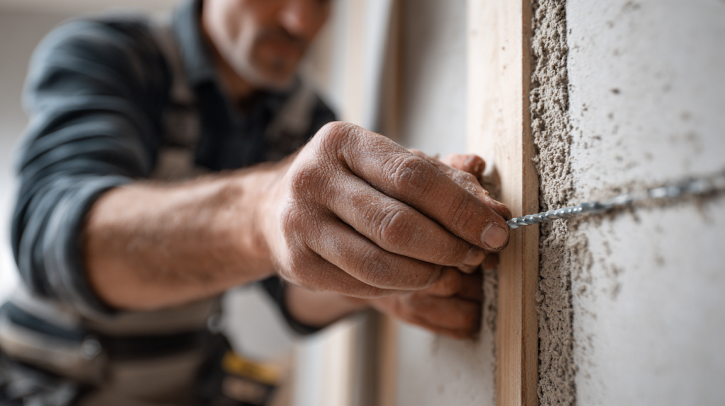 Pose de plaques de placo fixées sur des tasseaux en bois.