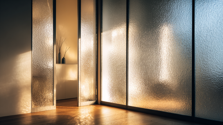 Espace intérieur moderne utilisant du verre dépoli pour préserver l’intimité tout en laissant passer la lumière.