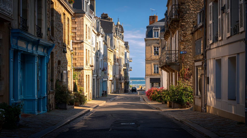 Vue réaliste d’un quartier de Saint-Malo contrastant une zone à éviter et un quartier résidentiel paisible.