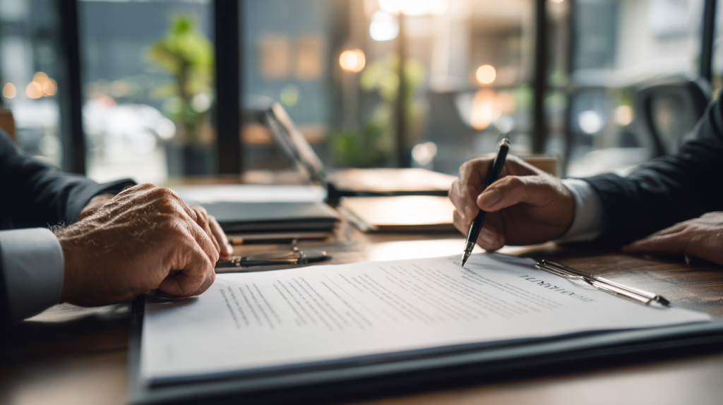Entrepreneur examinant un bail commercial avec un conseiller avant de signer.