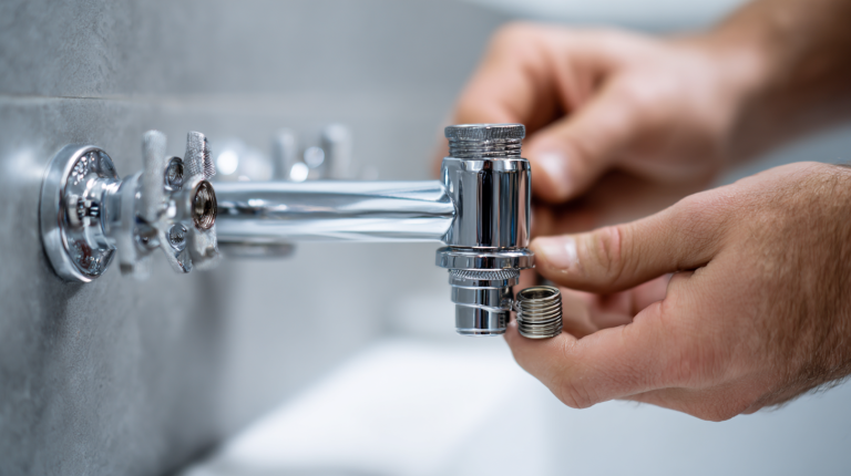 Plombier rallongeant un raccord excentré trop court pour un mitigeur.