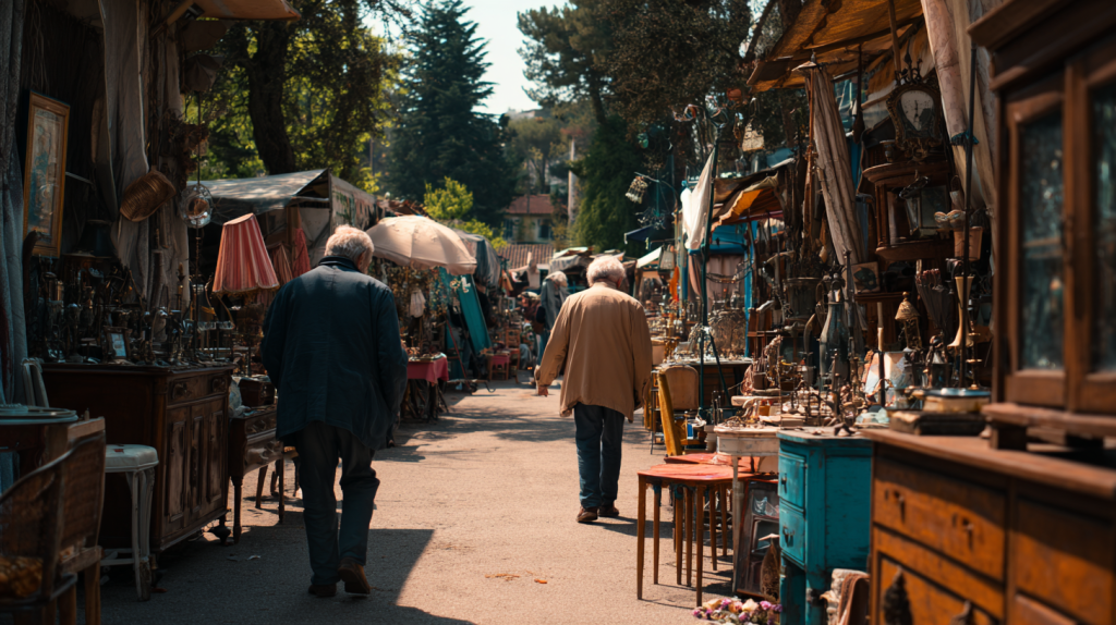 Marché aux puces animé dans un village français, avec des stands de brocante, des objets anciens et des visiteurs qui chinent sous un ciel ensoleillé.