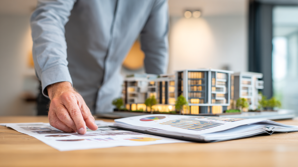 Investisseur examinant des plans et des documents financiers dans un appartement neuf moderne, avec des graphiques d’investissement et un intérieur lumineux et contemporain.