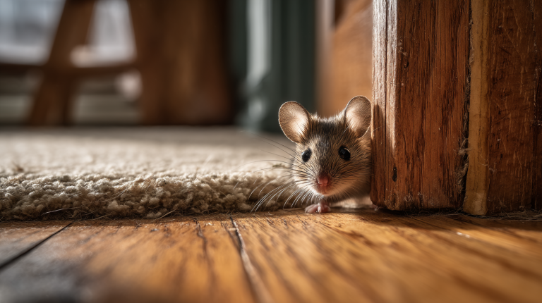 Une souris entrant dans une maison par un petit interstice près d’une porte.