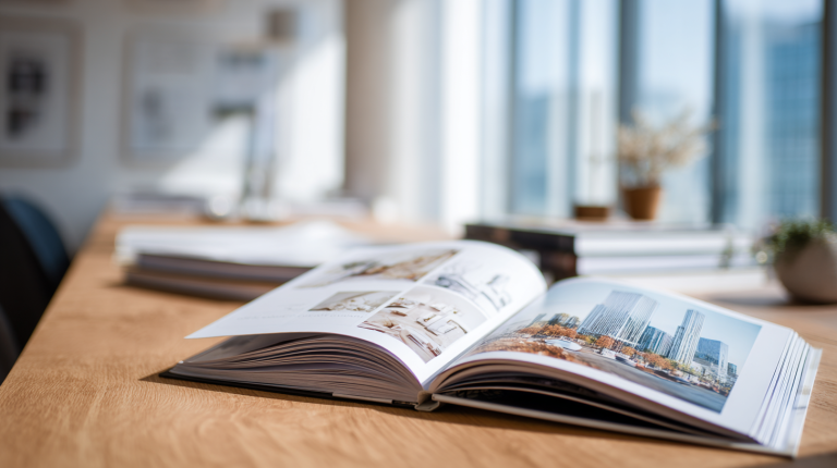 Documents immobiliers et brochures éditoriales posés sur un bureau, avec échantillons de mise en page et typographies.