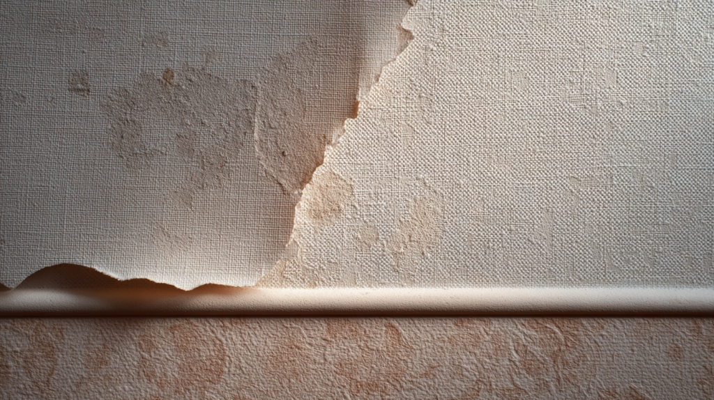 Taches d’humidité visibles sur un papier peint récemment posé, montrant des zones plus sombres et irrégulières sur le mur.