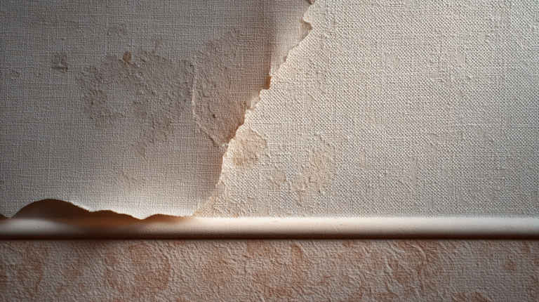 Taches d’humidité visibles sur un papier peint récemment posé, montrant des zones plus sombres et irrégulières sur le mur.