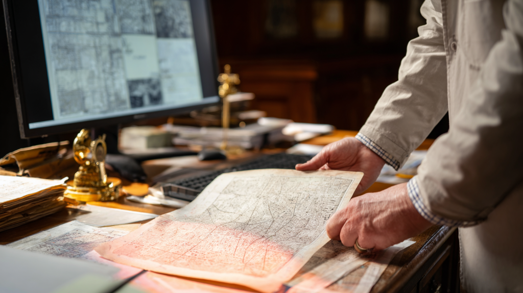 Personne consultant un plan cadastral sur ordinateur et sur papier pour identifier le propriétaire d’une parcelle.