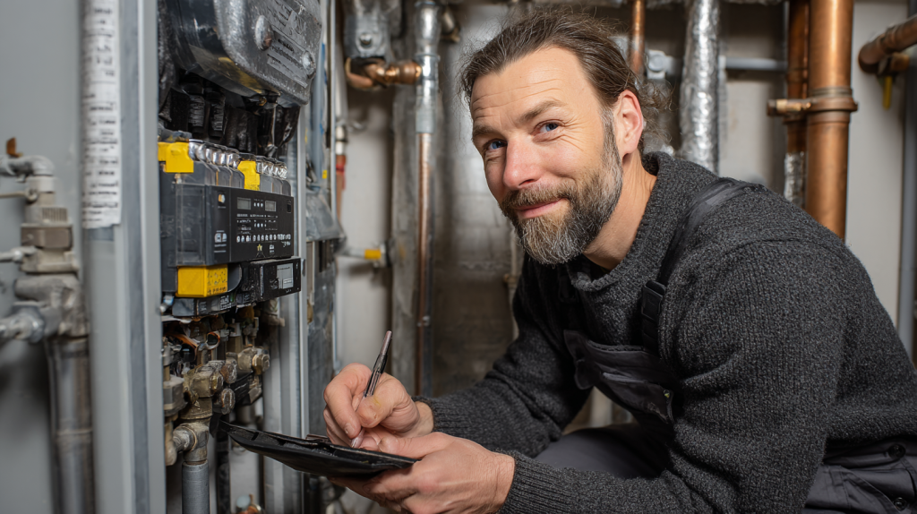 Technicien chauffagiste réalisant le diagnostic d’une chaudière défaillante en Suisse romande