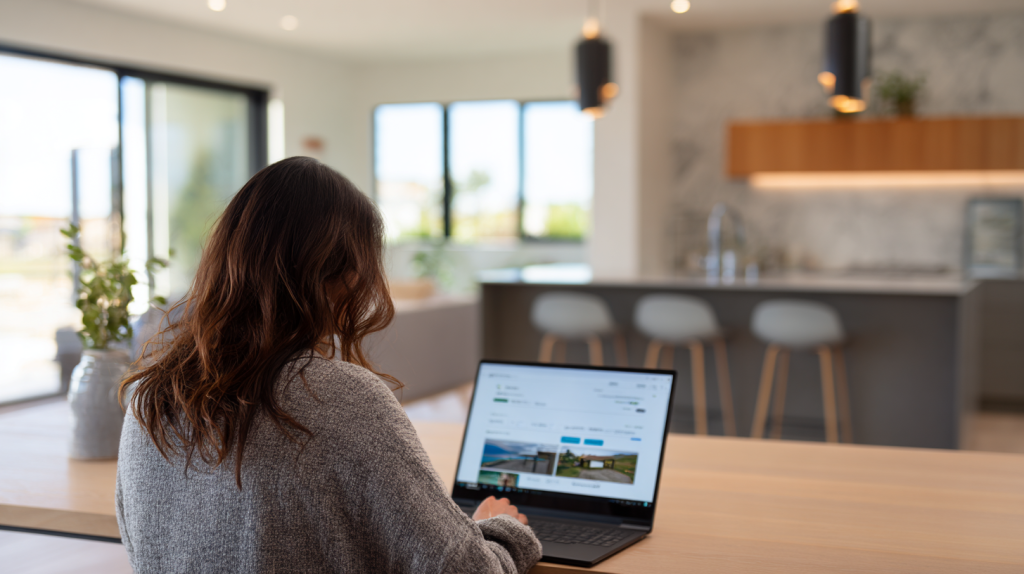 Locataire utilisant un ordinateur portable pour gérer son contrat de location via une plateforme en ligne dans un intérieur moderne.
