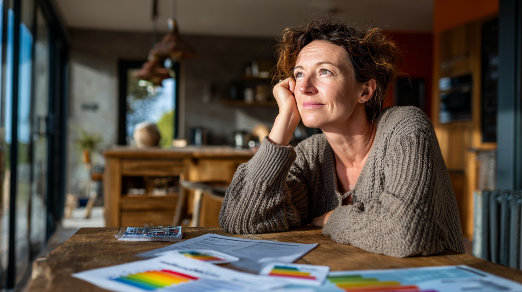 Petit propriétaire français consultant les nouvelles règles du DPE 2026 avec des documents énergétiques étalés sur une table en bois.