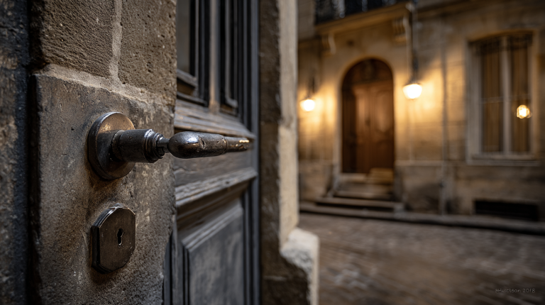 Porte d’immeuble bordelais fermée la nuit, éclairée par un lampadaire, illustrant une situation de porte claquée à Bordeaux.