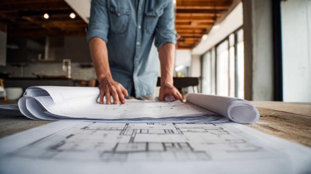 Appartement en transformation vers un local commercial avec plans et travaux en cours.