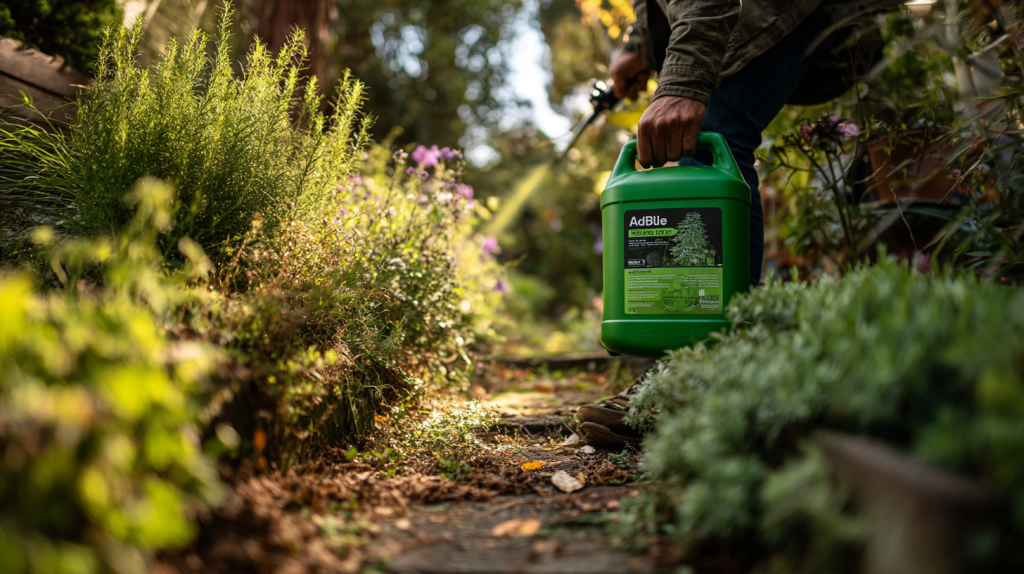 Application d’AdBlue utilisé comme désherbant sur des mauvaises herbes dans un jardin.