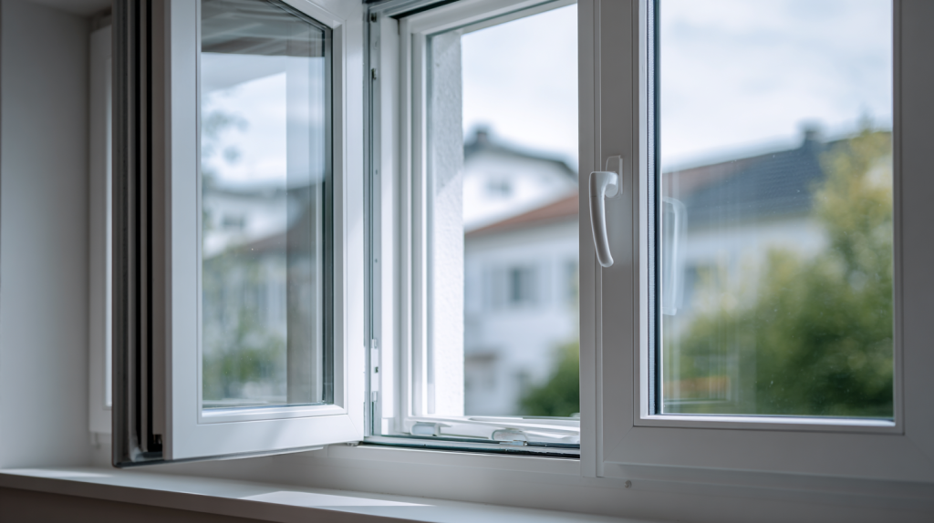 Fenêtre PVC en position oscillo-battante avec système d’aération sans perçage installé.