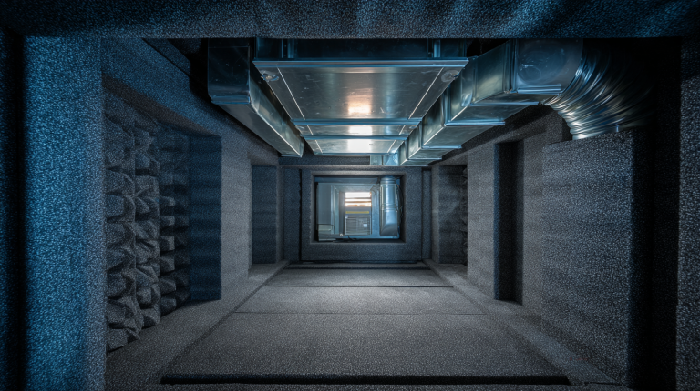 Caisson VMC isolé phoniquement avec gaines de ventilation dans un local technique.