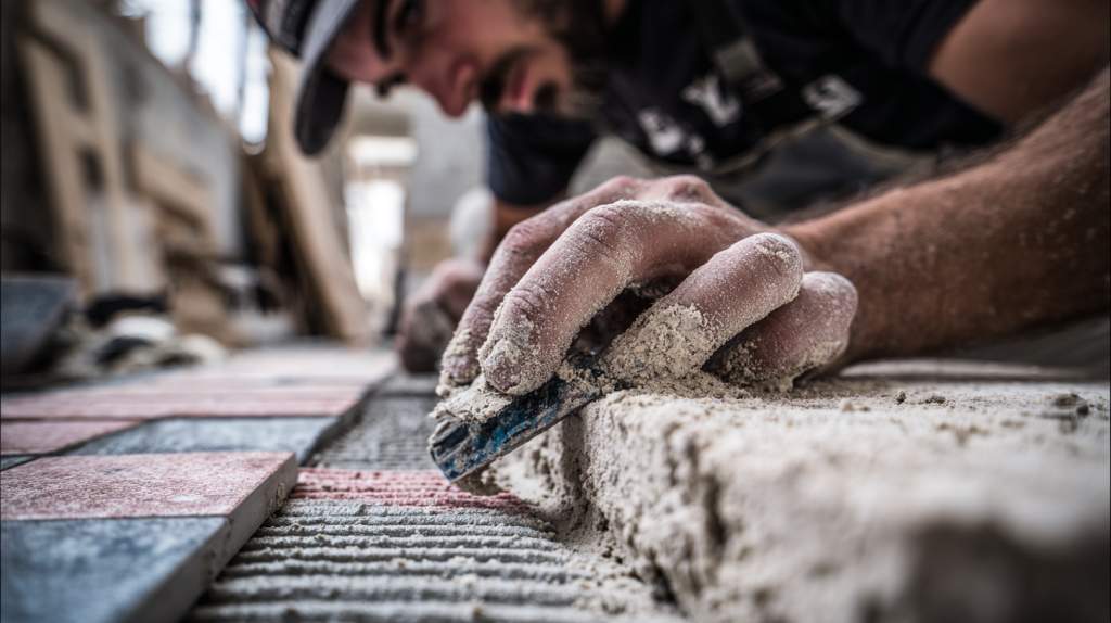 Pose de carrelage sur polystyrène extrudé avec application de colle.