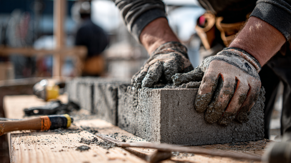 Maçon posant des parpaings sur un chantier pour illustrer le rendement journalier.
