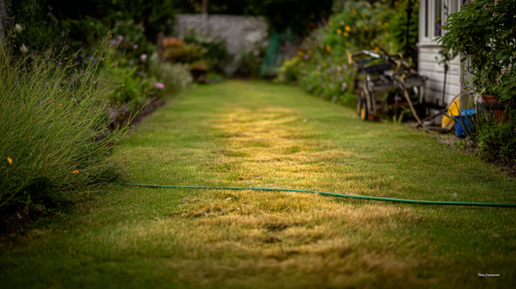 Pelouse anglaise présentant des zones jaunies et un entretien contraignant dans un jardin résidentiel.